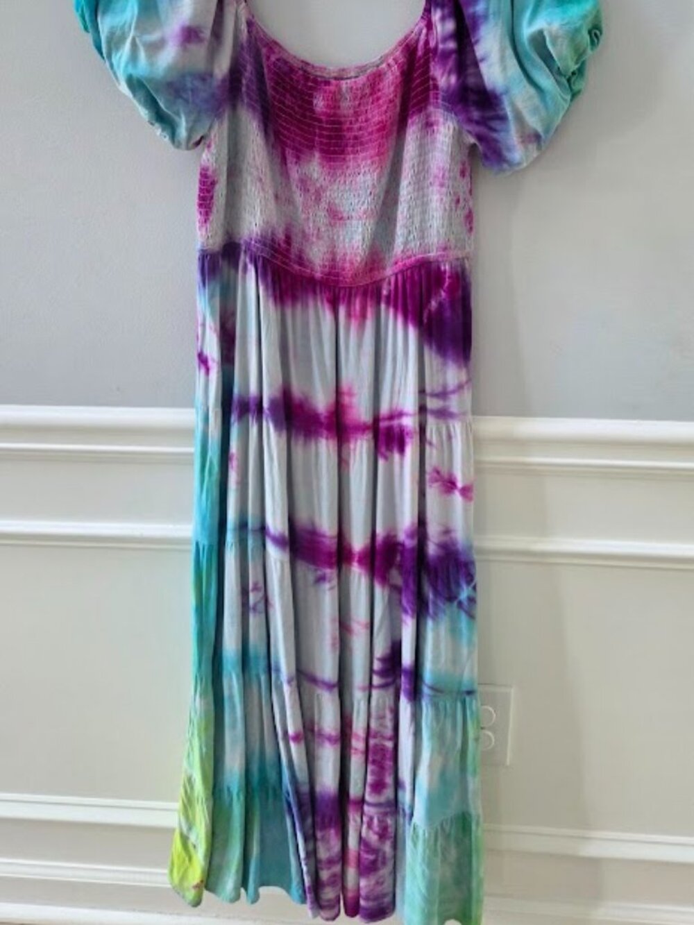 Puff Sleeve Smocked Tie Dye Maxi